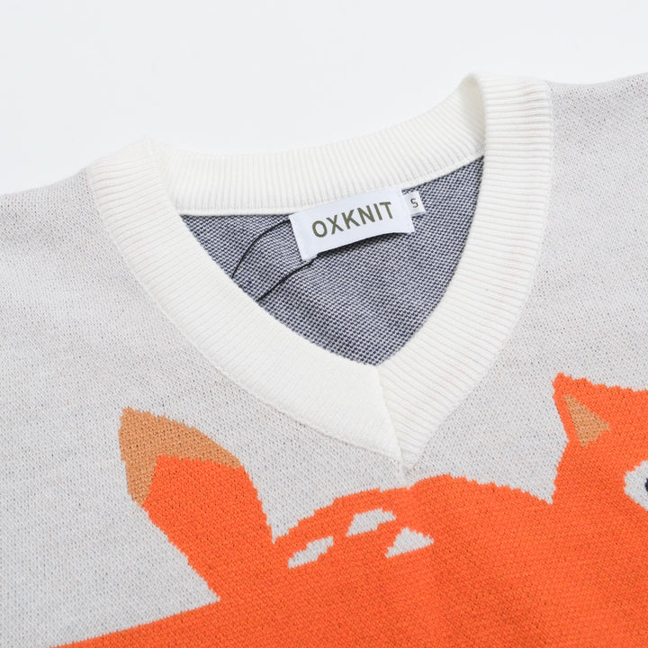 Women's color-matched fox jacquard V-neck knitwear