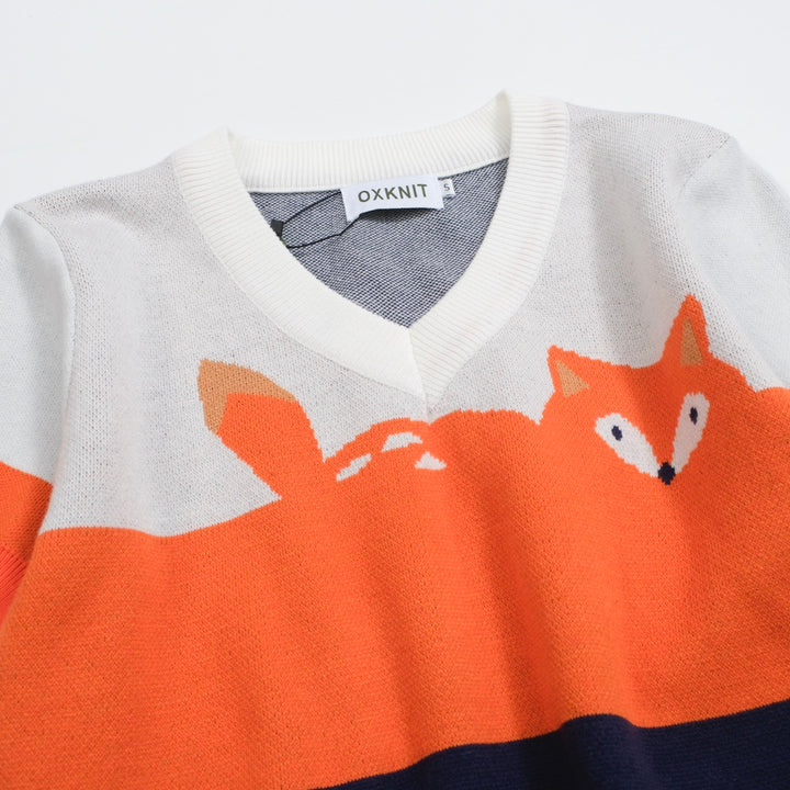 Women's color-matched fox jacquard V-neck knitwear
