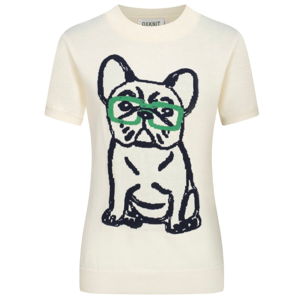 Women’s French Bulldog Knit Tee – Cream Short Sleeve Top