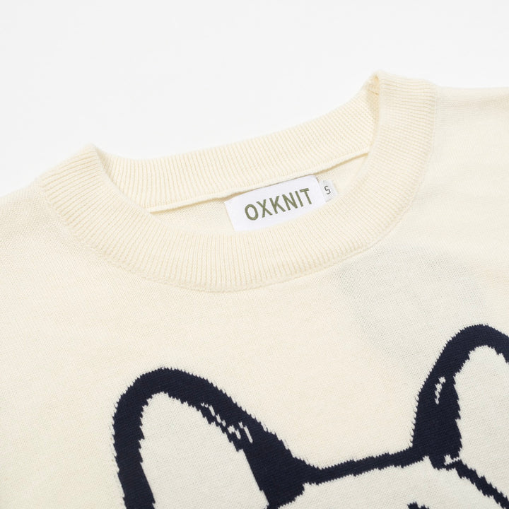 Women’s French Bulldog Knit Tee – Cream Short Sleeve Top