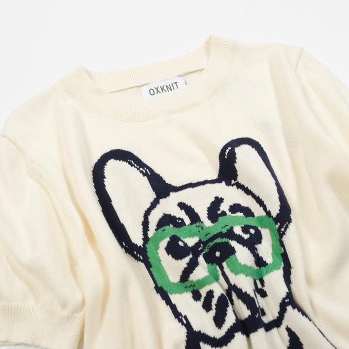 Women’s French Bulldog Knit Tee – Cream Short Sleeve Top
