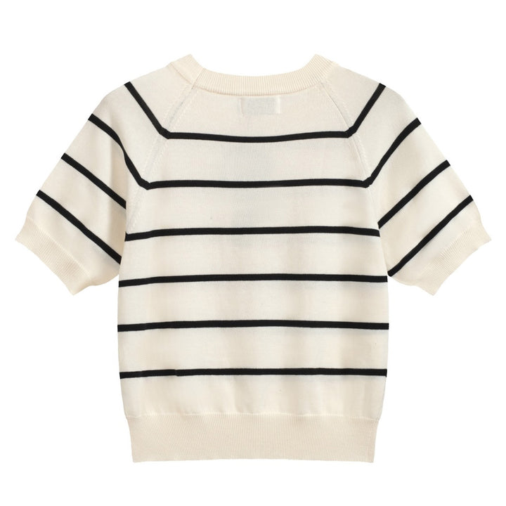Women’s Striped Knit Tee – Cream Short Sleeve with Red Hearts-Cropped Length