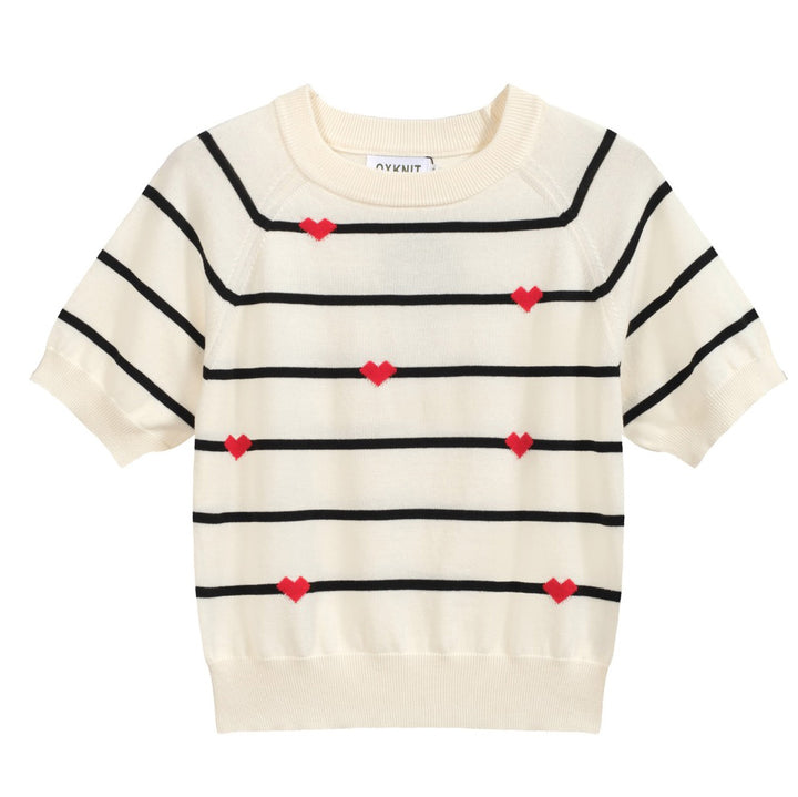 Women’s Striped Knit Tee – Cream Short Sleeve with Red Hearts-Cropped Length
