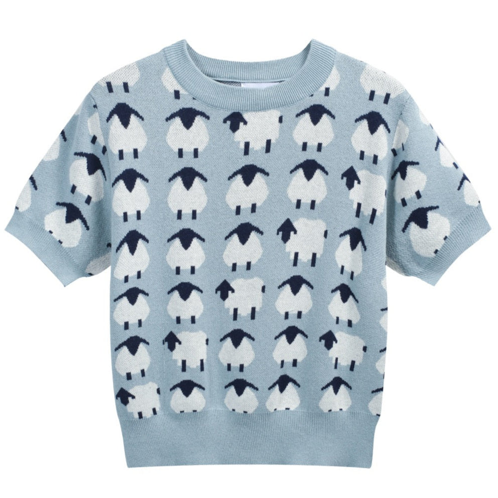 Women’s Blue Sheep Knit Tee – Playful Pastel Pullover-Cropped Length