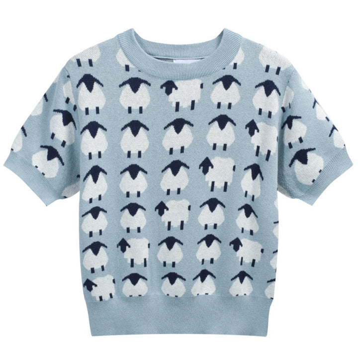 Women’s Blue Sheep Knit Tee – Playful Pastel Pullover-Cropped Length
