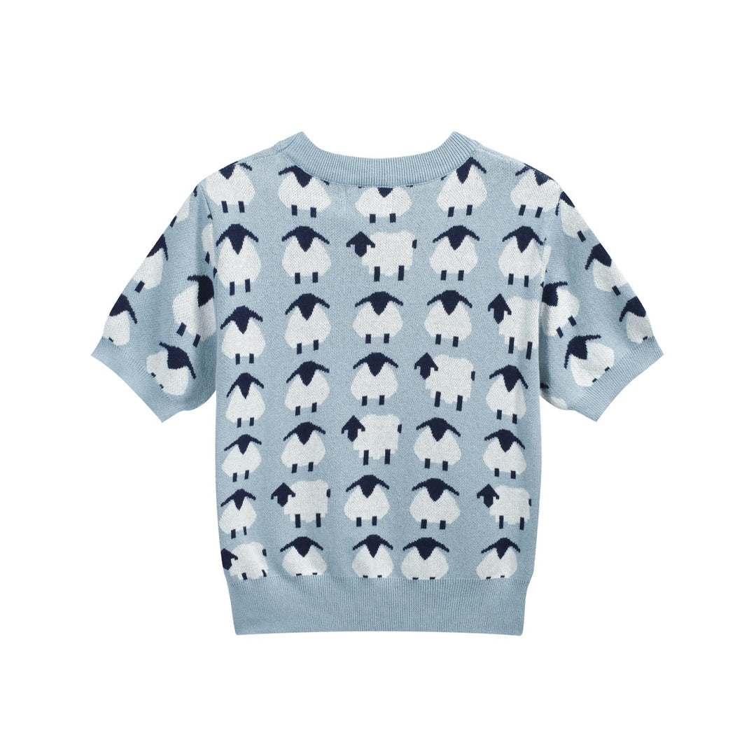 Women’s Blue Sheep Knit Tee – Playful Pastel Pullover-Cropped Length