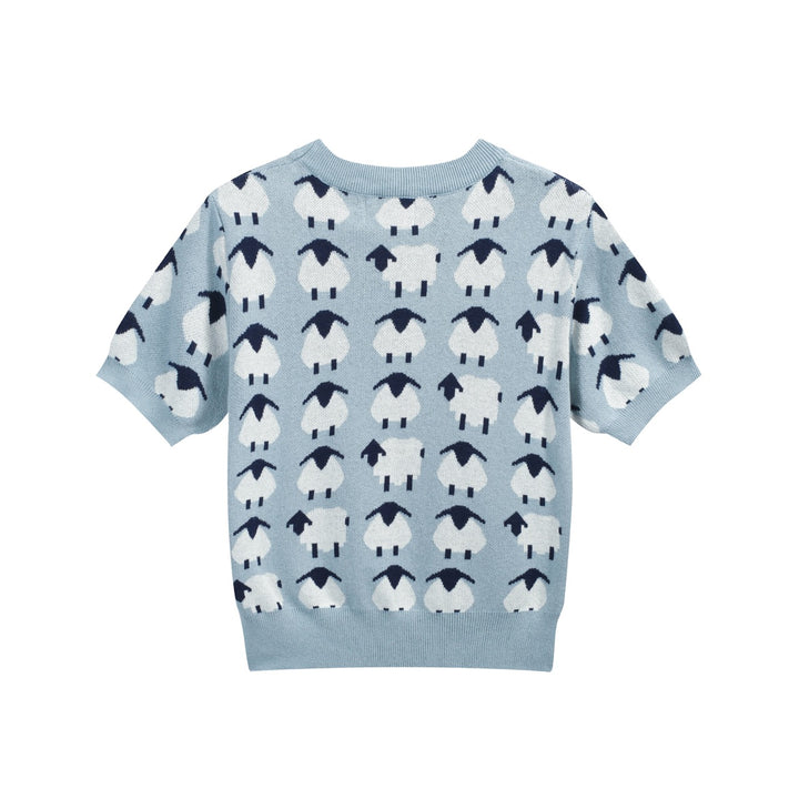 Women’s Blue Sheep Knit Tee – Playful Pastel Pullover-Cropped Length