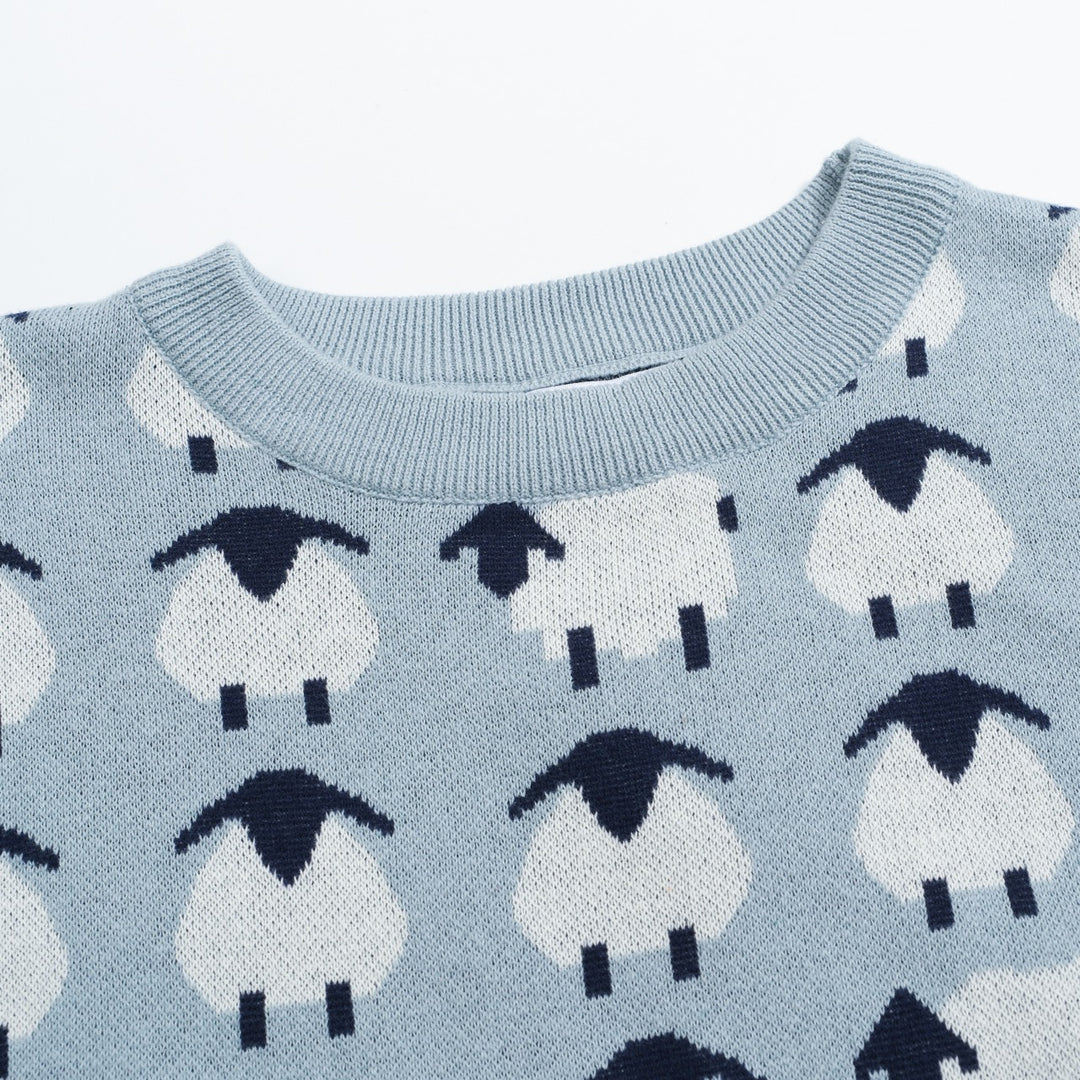 Women’s Blue Sheep Knit Tee – Playful Pastel Pullover-Cropped Length