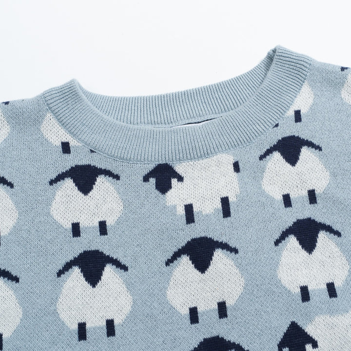 Women’s Blue Sheep Knit Tee – Playful Pastel Pullover-Cropped Length