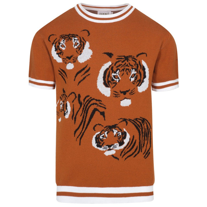 Men's Retro Knit T-Shirt – Vintage Orange Tee with Tiger Graphic