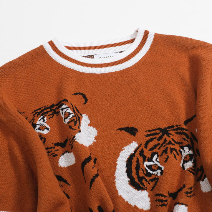 Men's Retro Knit T-Shirt – Vintage Orange Tee with Tiger Graphic