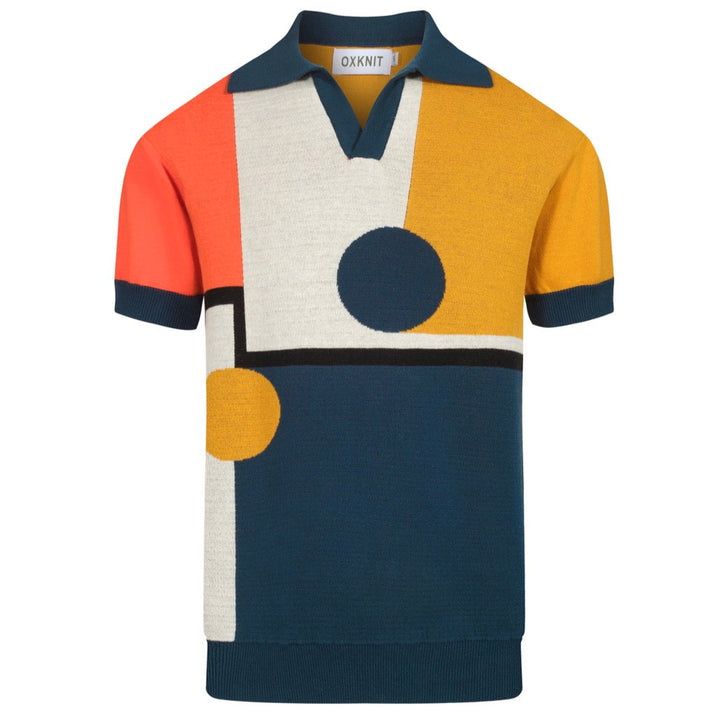 Men’s Retro Knit Polo – Vintage Color Block Shirt with Geometric Abstract Design