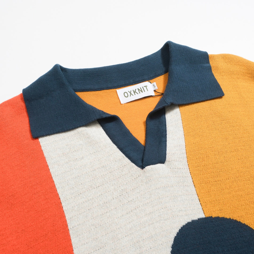 Men’s Retro Knit Polo – Vintage Color Block Shirt with Geometric Abstract Design