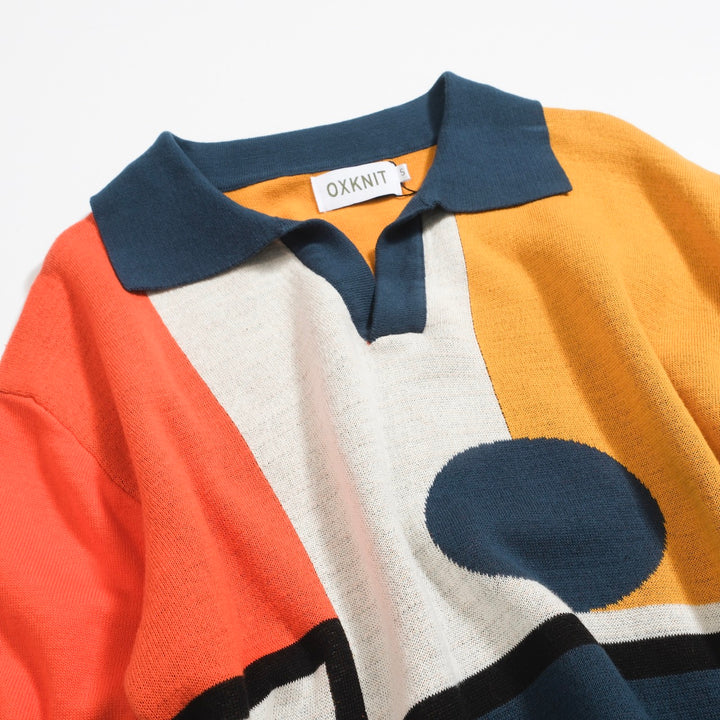 Men’s Retro Knit Polo – Vintage Color Block Shirt with Geometric Abstract Design