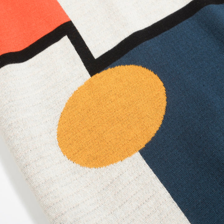 Men’s Retro Knit Polo – Vintage Color Block Shirt with Geometric Abstract Design