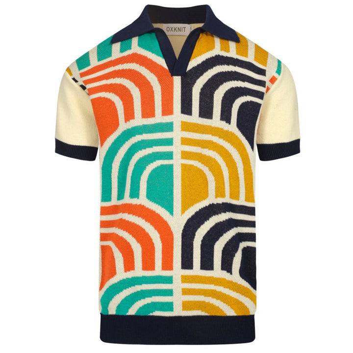 Men's Retro Arch Print Knit Shirt – Multicolor Button-Up Polo in Cream