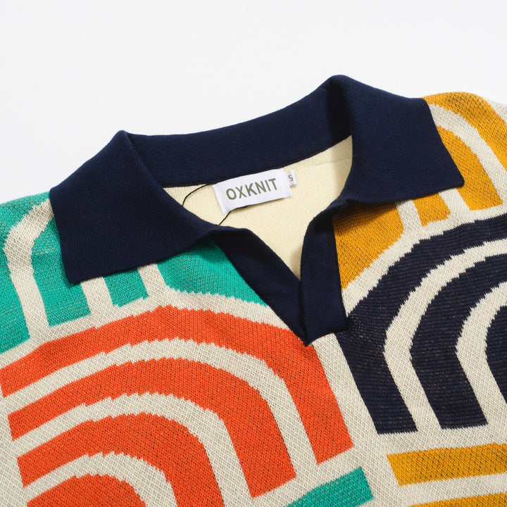 Men's Retro Arch Print Knit Shirt – Multicolor Button-Up Polo in Cream