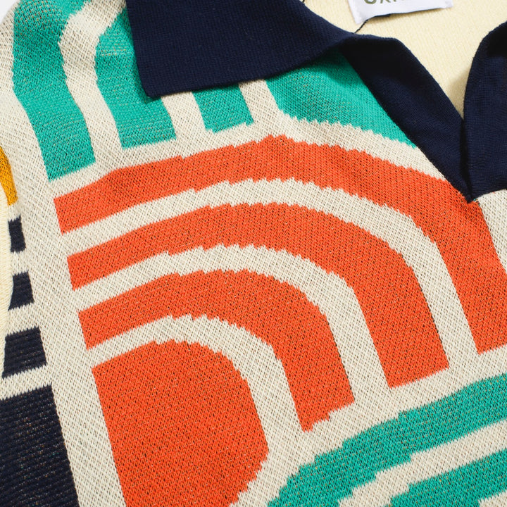 Men's Retro Arch Print Knit Shirt – Multicolor Button-Up Polo in Cream