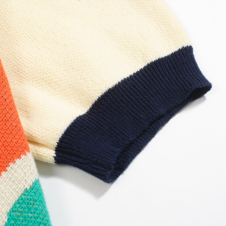 Men's Retro Arch Print Knit Shirt – Multicolor Button-Up Polo in Cream