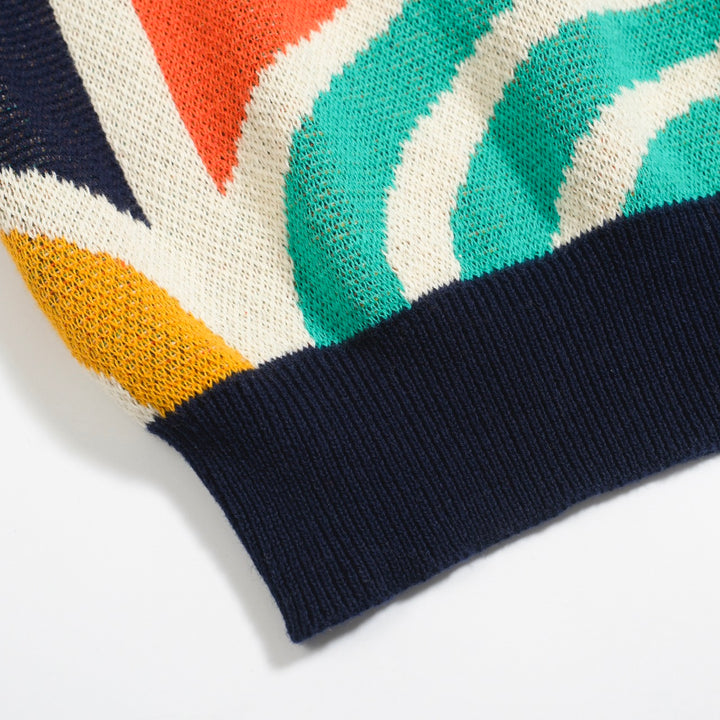 Men's Retro Arch Print Knit Shirt – Multicolor Button-Up Polo in Cream