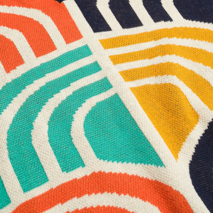 Men's Retro Arch Print Knit Shirt – Multicolor Button-Up Polo in Cream