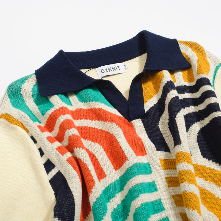 Men's Retro Arch Print Knit Shirt – Multicolor Button-Up Polo in Cream