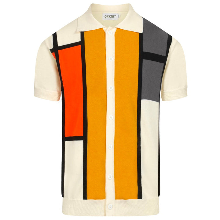 Men’s Retro Bauhaus Knit Shirt – Colorblock Button-Up Polo in Red, Yellow, and Gray