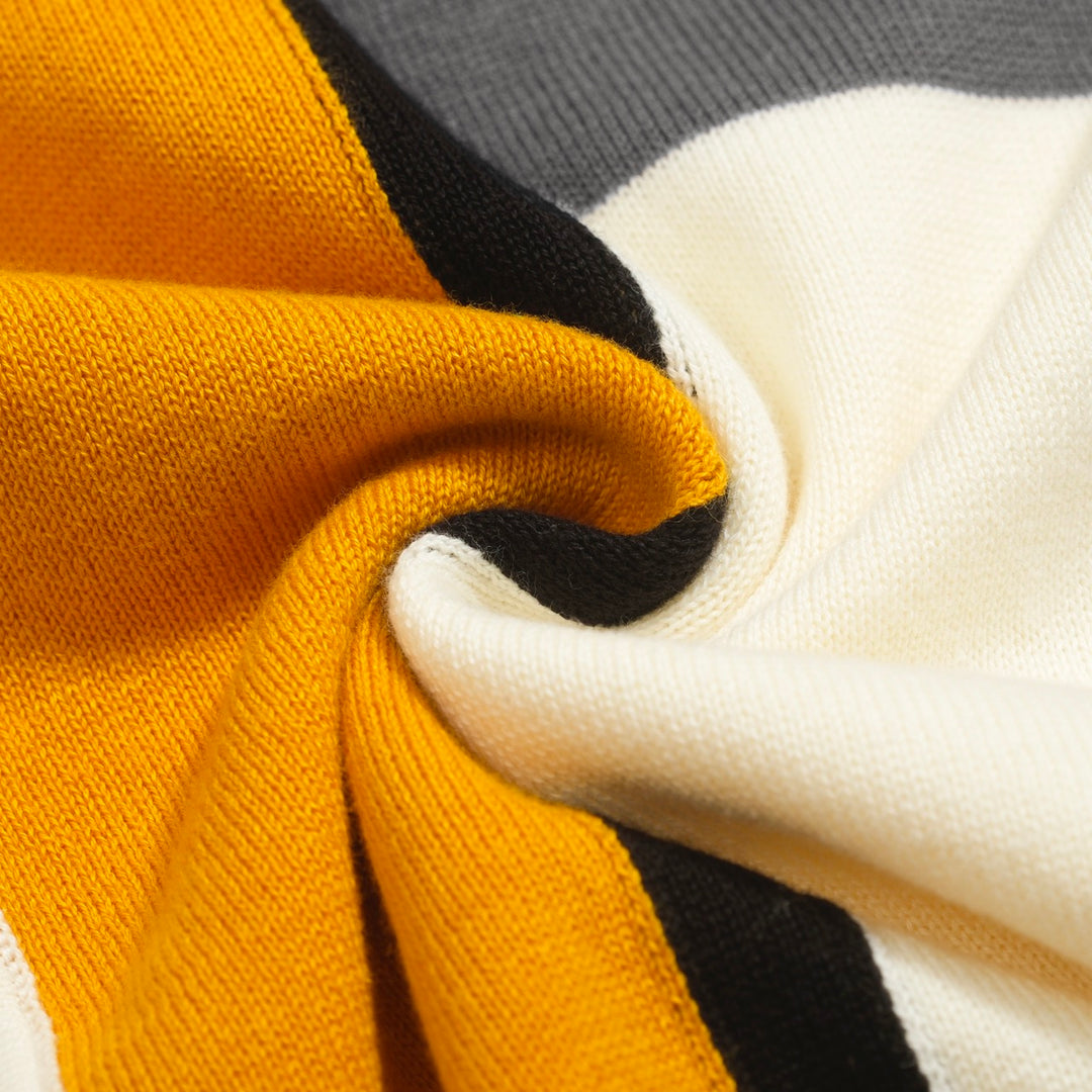 Bauhaus striktrøje til mænd – Colorblock Polo med knapper i rød, gul og grå