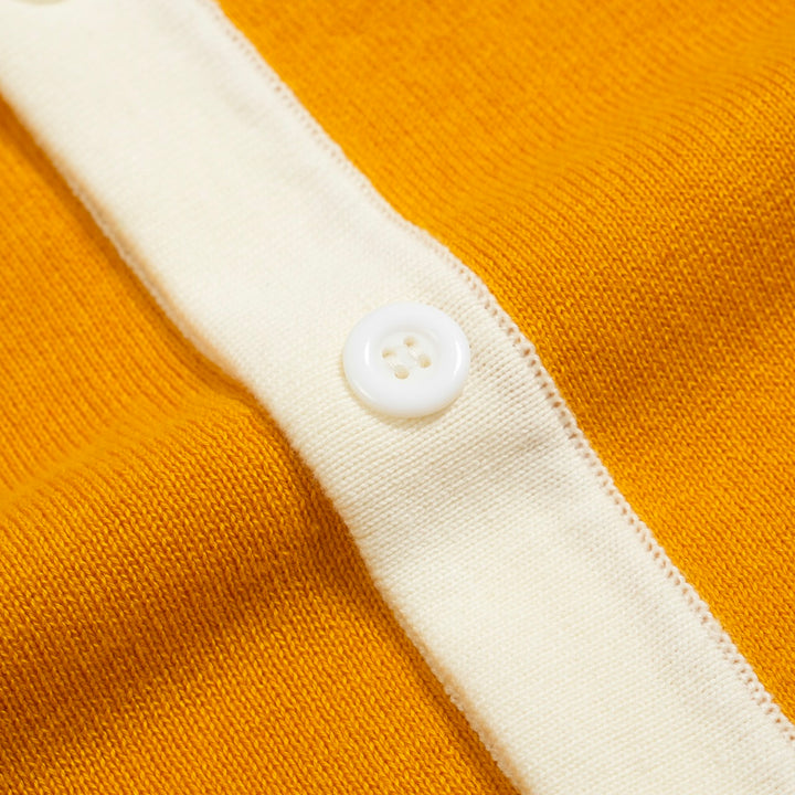 Men’s Retro Bauhaus Knit Shirt – Colorblock Button-Up Polo in Red, Yellow, and Gray