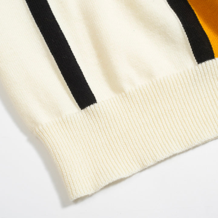 Men’s Retro Bauhaus Knit Shirt – Colorblock Button-Up Polo in Red, Yellow, and Gray