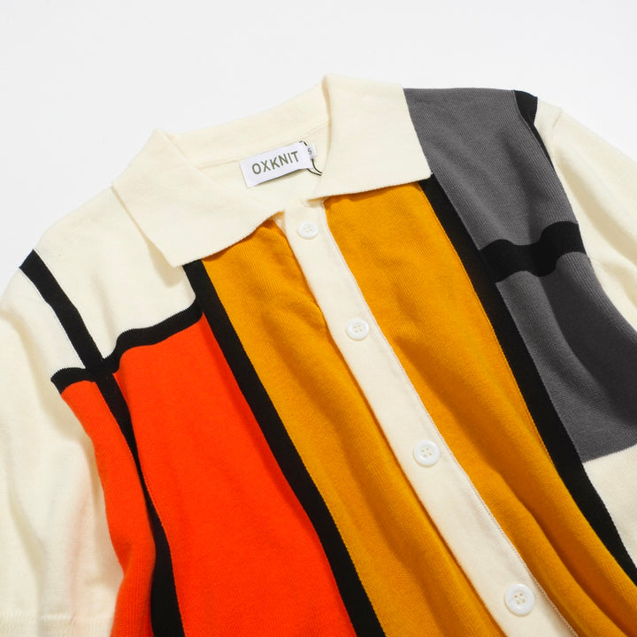 Men’s Retro Bauhaus Knit Shirt – Colorblock Button-Up Polo in Red, Yellow, and Gray