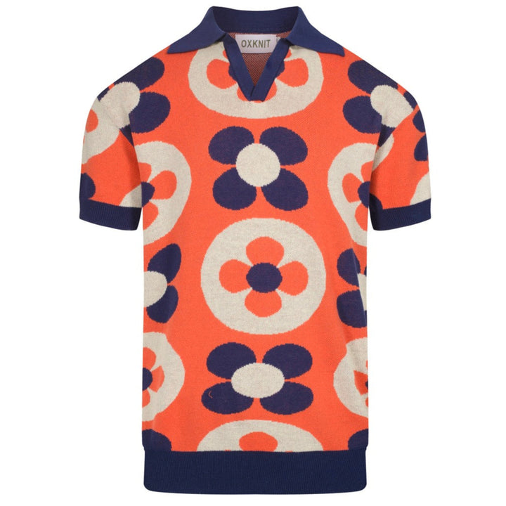 Men’s Vintage MOD Knit Shirt – Red Button-Up Polo with Navy & Cream Flower Circles