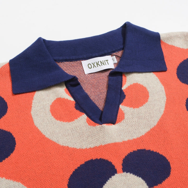 Men’s Vintage MOD Knit Shirt – Red Button-Up Polo with Navy & Cream Flower Circles