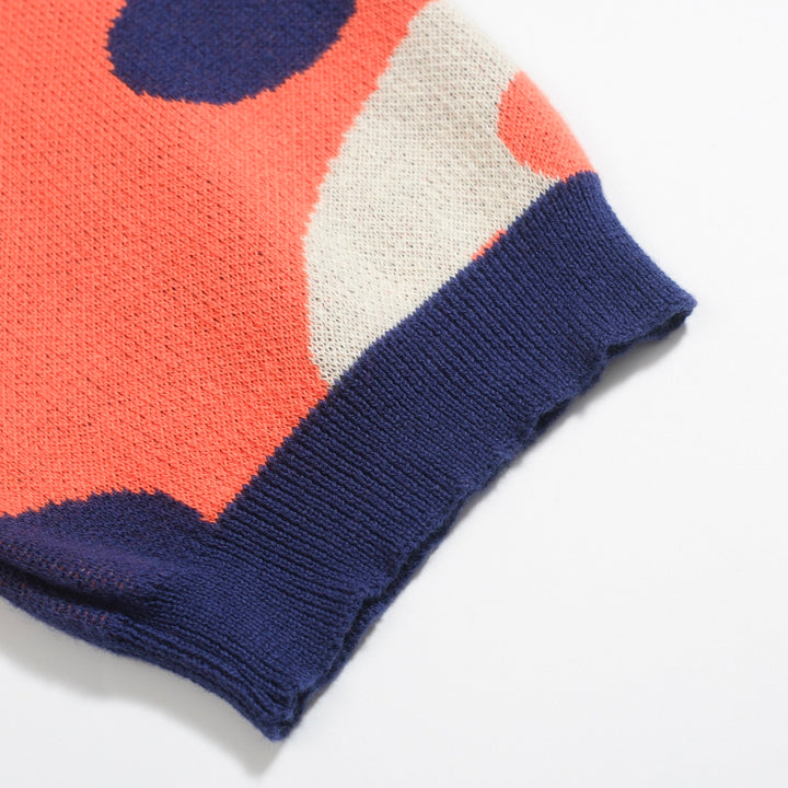 Men’s Vintage MOD Knit Shirt – Red Button-Up Polo with Navy & Cream Flower Circles