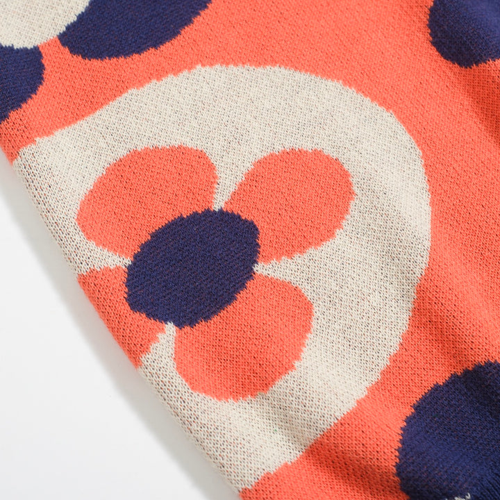 Men’s Vintage MOD Knit Shirt – Red Button-Up Polo with Navy & Cream Flower Circles