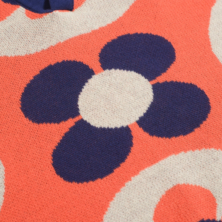 Men’s Vintage MOD Knit Shirt – Red Button-Up Polo with Navy & Cream Flower Circles