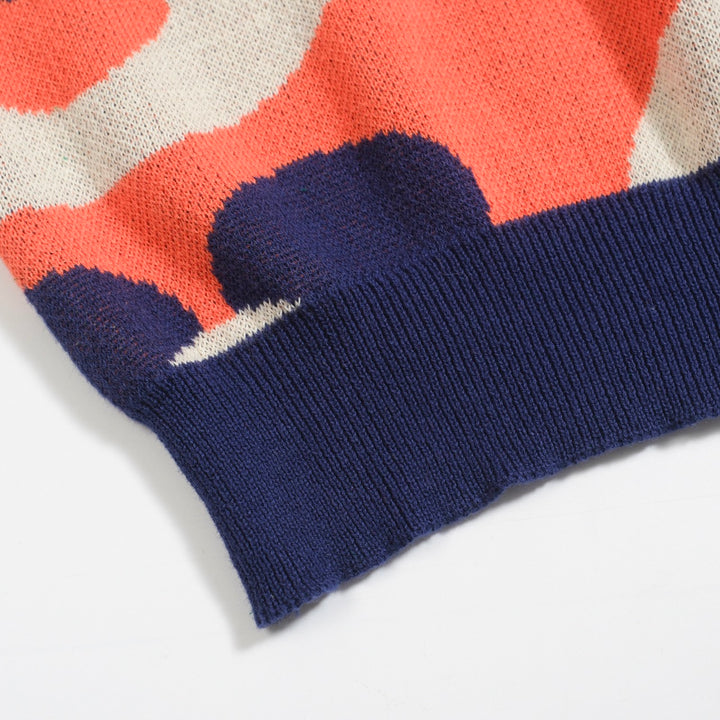 Men’s Vintage MOD Knit Shirt – Red Button-Up Polo with Navy & Cream Flower Circles