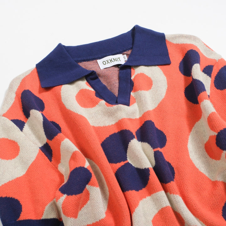 Men’s Vintage MOD Knit Shirt – Red Button-Up Polo with Navy & Cream Flower Circles