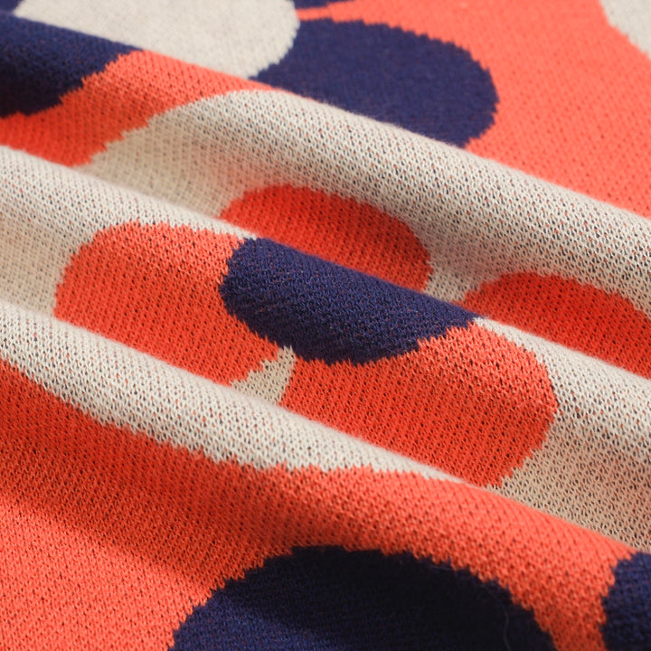 Men’s Vintage MOD Knit Shirt – Red Button-Up Polo with Navy & Cream Flower Circles