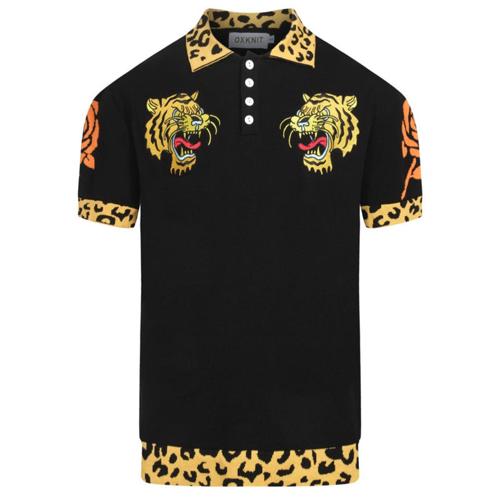 Herren-Tiger-Tattoo-Strickpolo – schwarzes Hemd mit Leopardenmuster-Kragen und auffälligen Grafiken