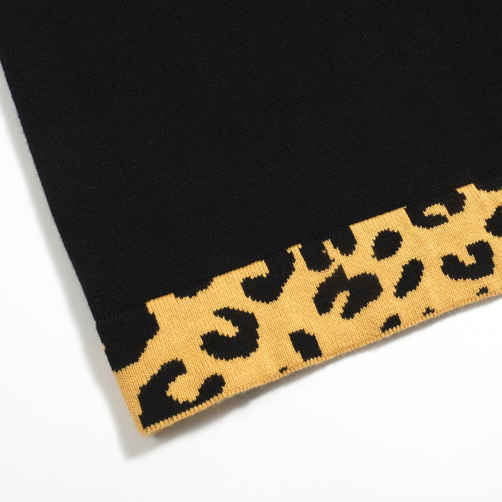 Herren-Tiger-Tattoo-Strickpolo – schwarzes Hemd mit Leopardenmuster-Kragen und auffälligen Grafiken