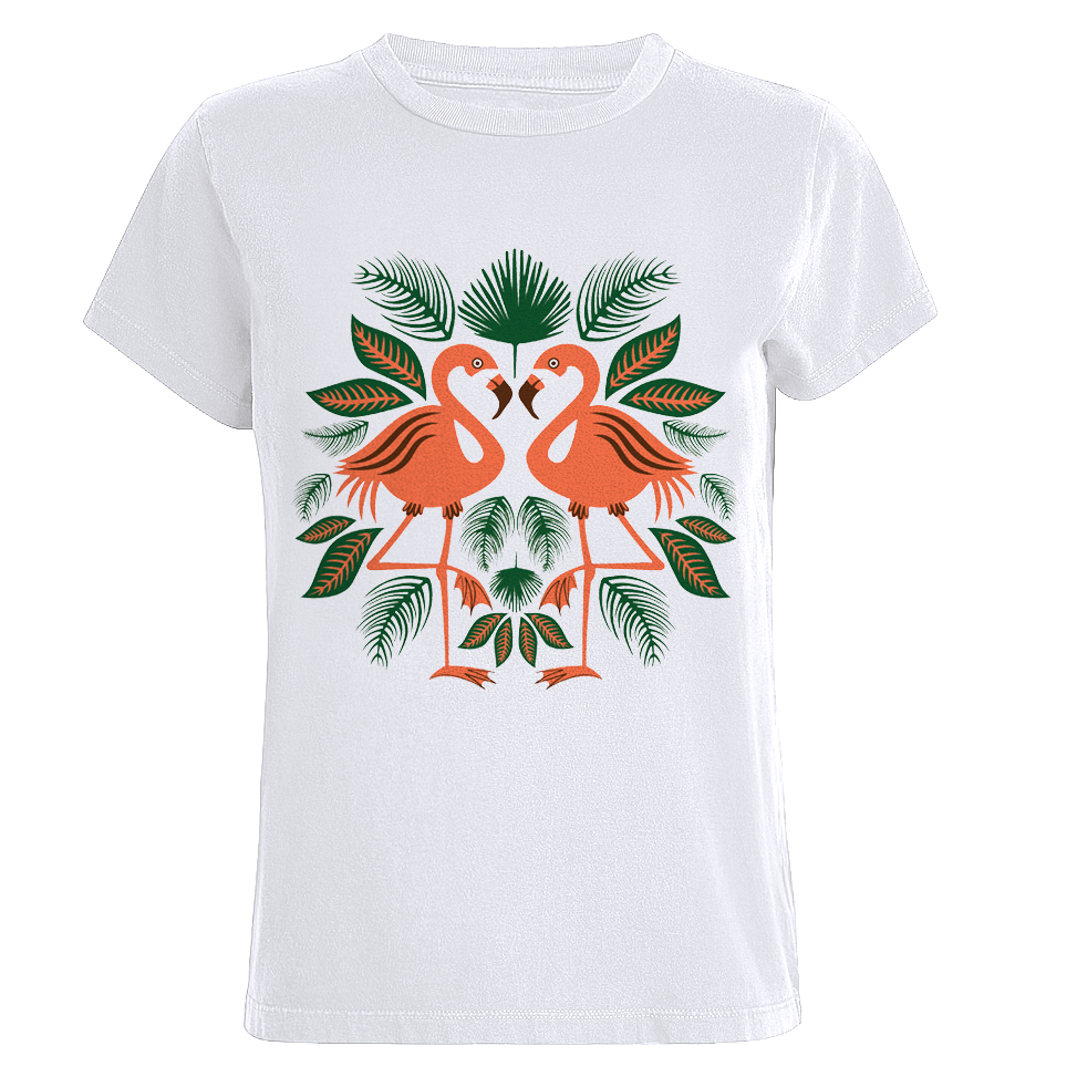Women's White Flamingo Cotton T-shirt - designed by Carrie Cantwell