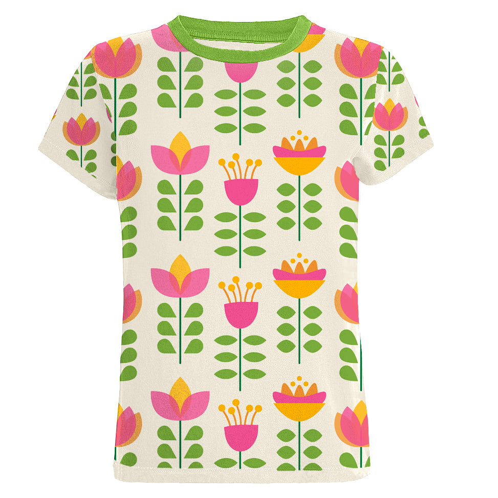 Women's Cotton T-shirt with Green flowers - designed by Carrie Cantwell