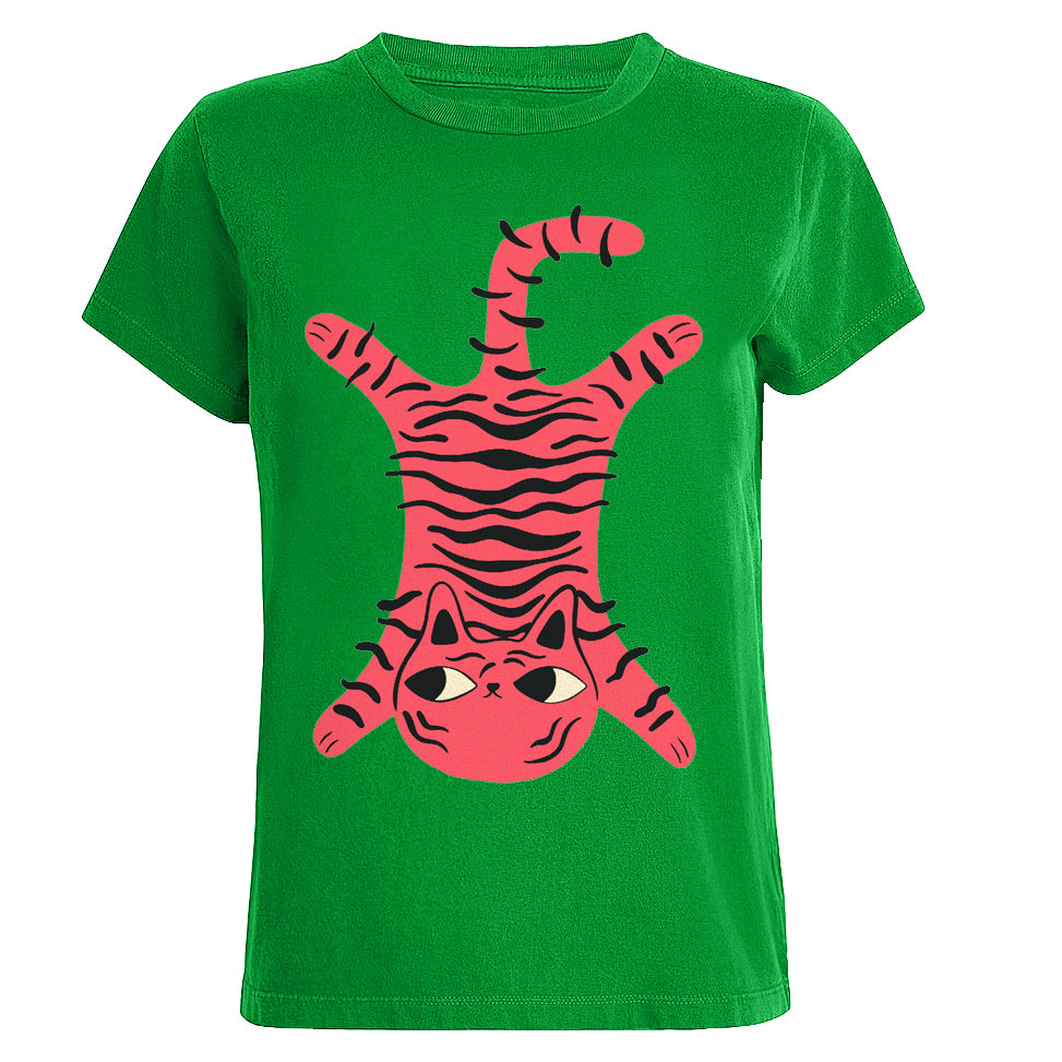 Women's Green cat print cotton T-shirt - designed by Carrie Cantwell