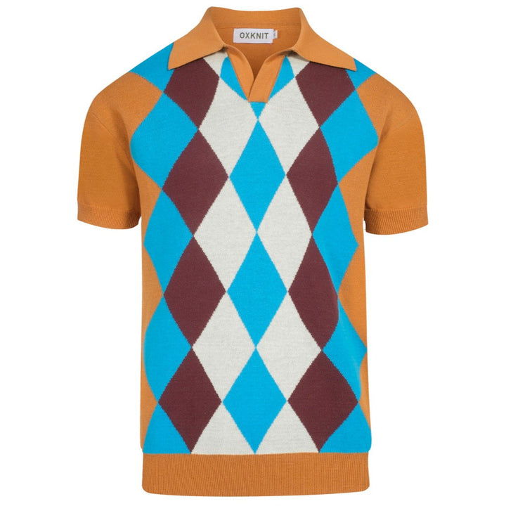 Men's Vintage Argyle Knit Polo – 70s Style Mustard Blue Diamond Shirt