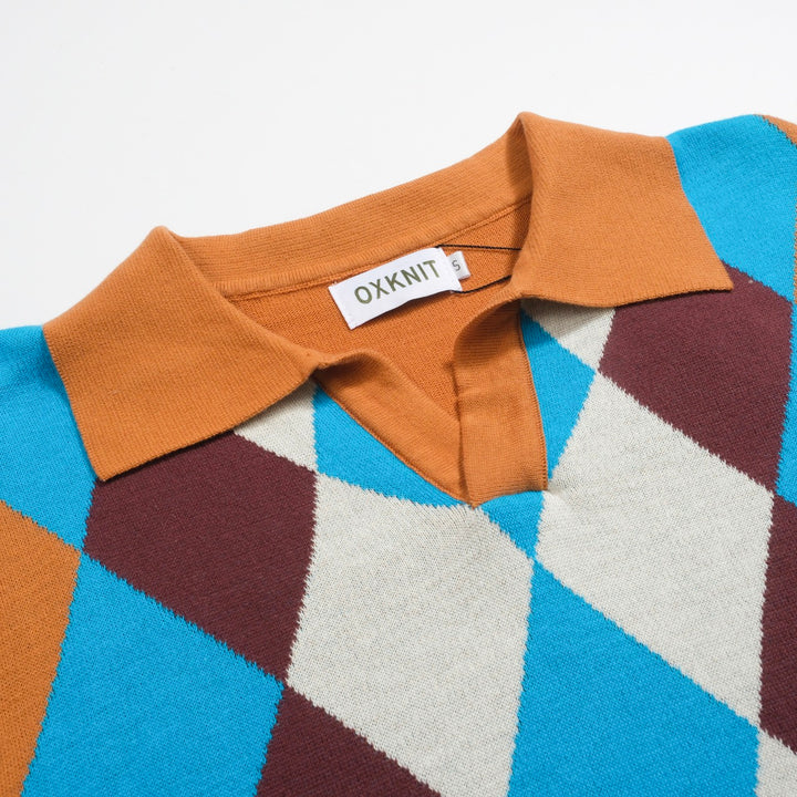 Men's Vintage Argyle Knit Polo – 70s Style Mustard Blue Diamond Shirt