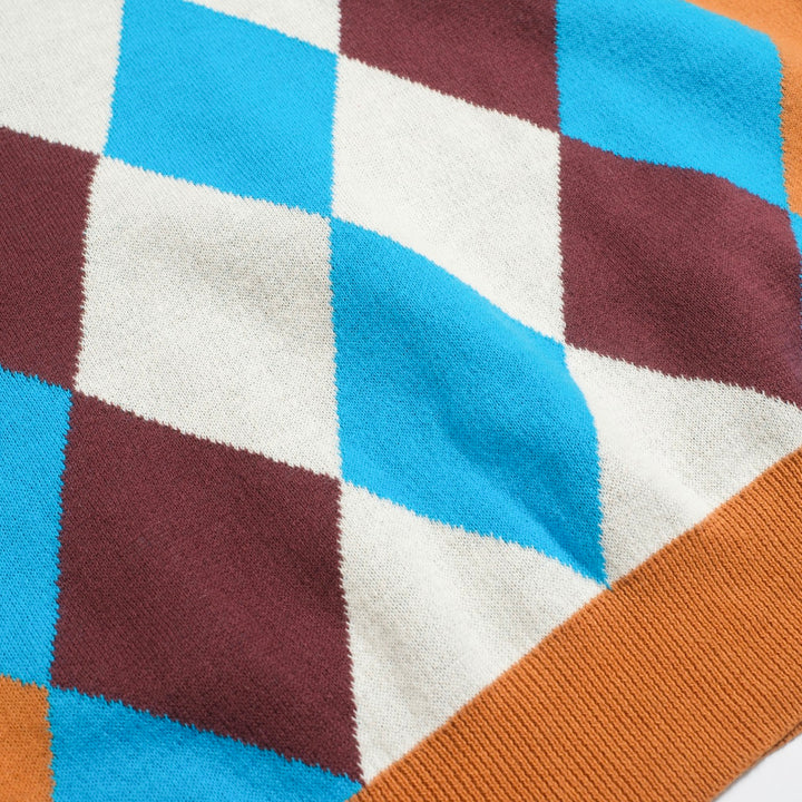 Men's Vintage Argyle Knit Polo – 70s Style Mustard Blue Diamond Shirt