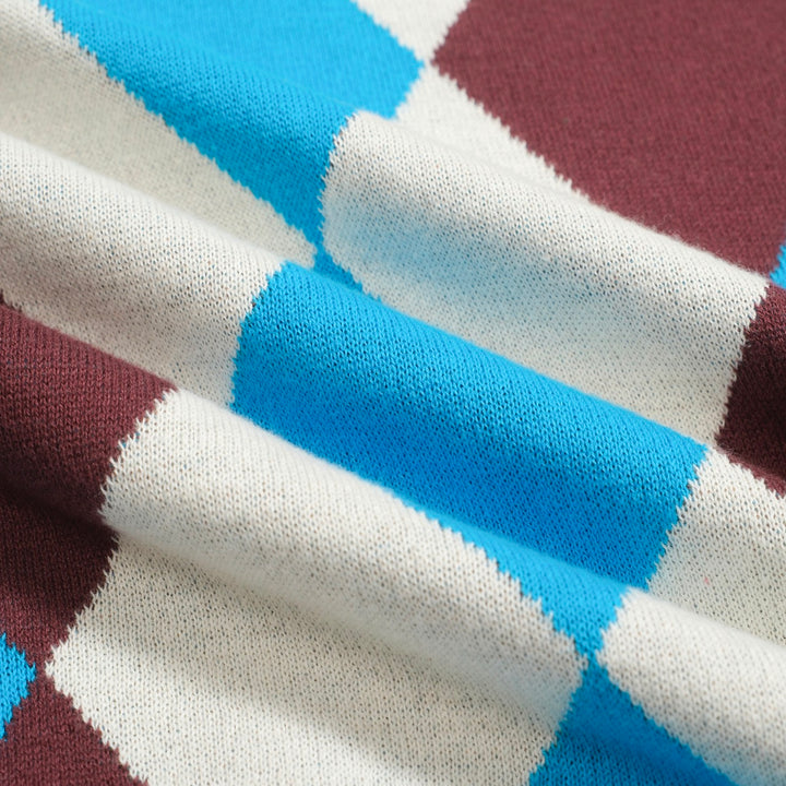 Men's Vintage Argyle Knit Polo – 70s Style Mustard Blue Diamond Shirt