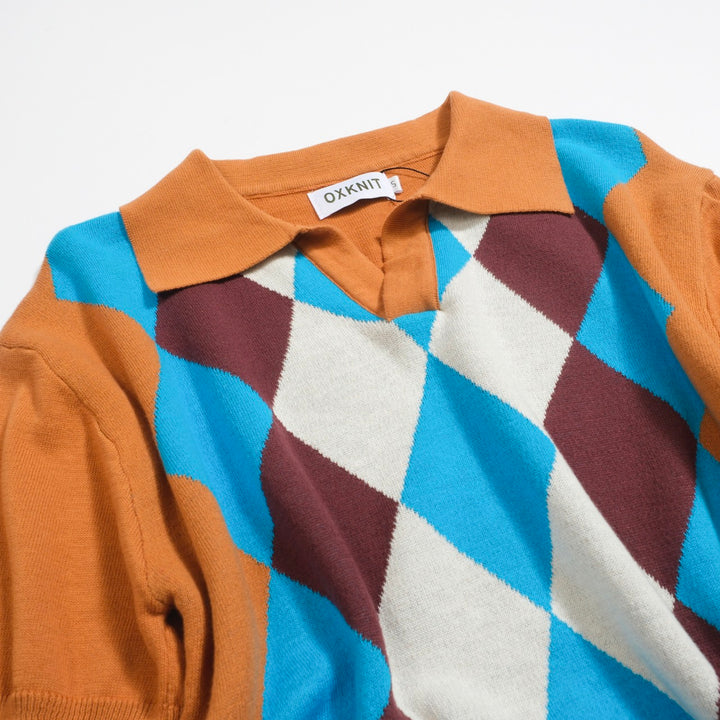 Men's Vintage Argyle Knit Polo – 70s Style Mustard Blue Diamond Shirt