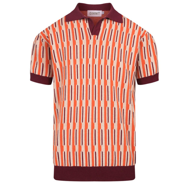 Herren-Poloshirt aus 70er-Jahre-Mod-Jacquard-Strick – vertikales Dash-Hemd in gebranntem Orange